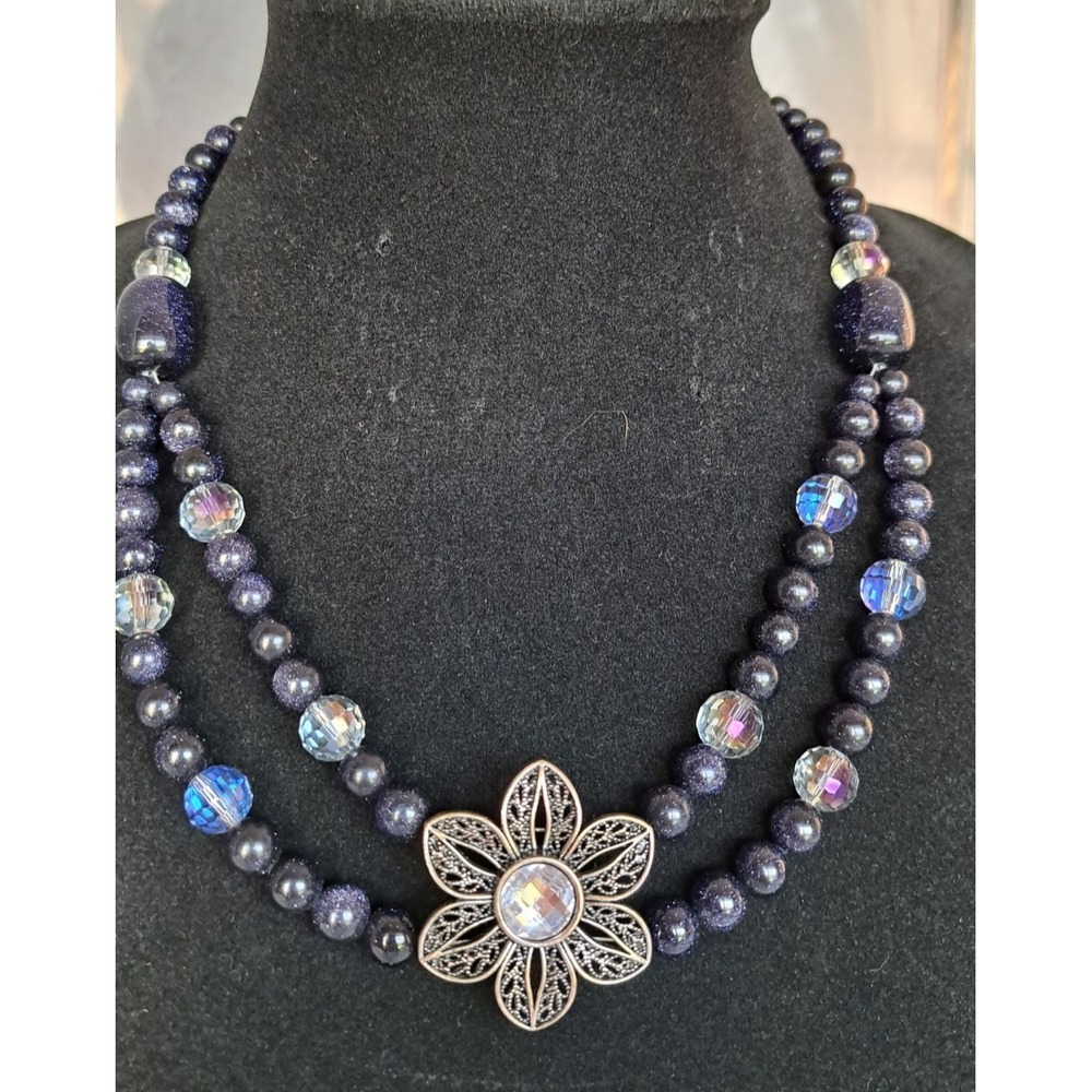 Fashion Jewelry Gemstone Beaded Necklace Blue Goldstone 2 Strands